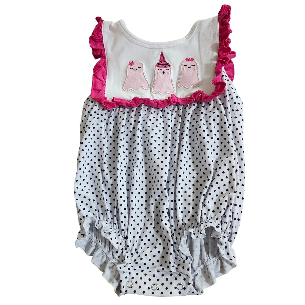 Seersucker Joey Baby Girl Pink Ghost Halloween Bubble Romper Polka Dot 18-24M
